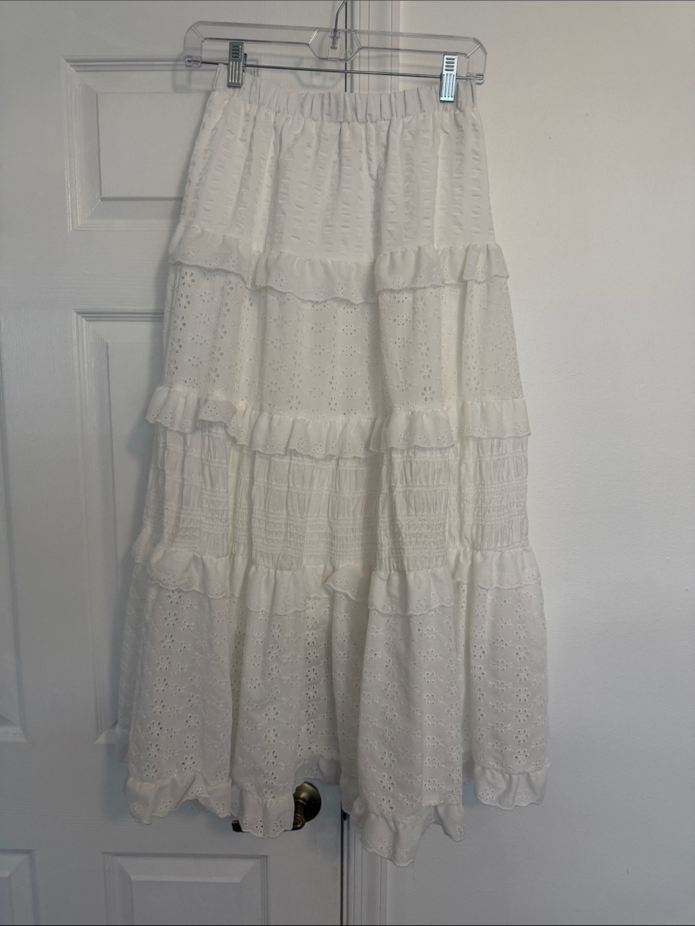White Tiered Ruffle Eyelet Maxi Skirt
